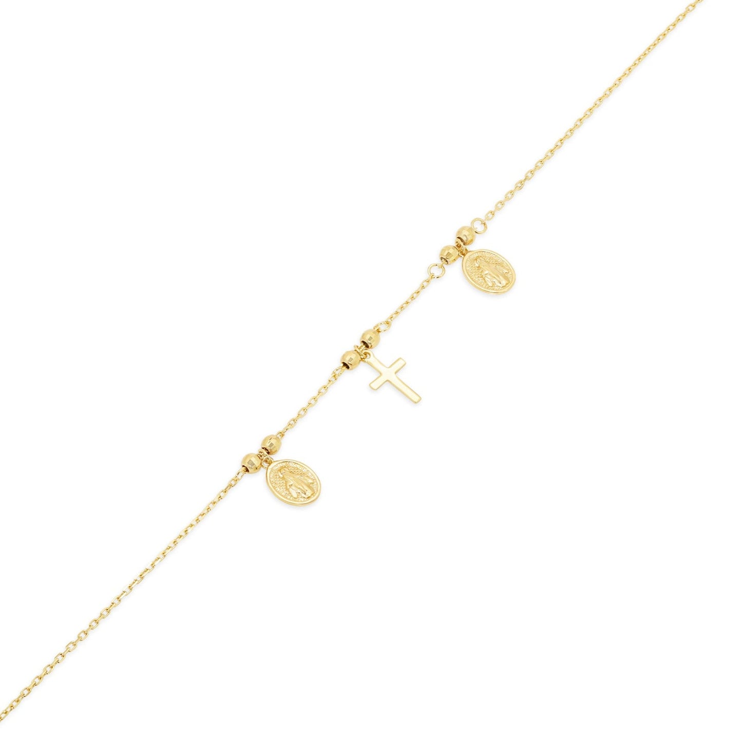 14KB0004. - 14 Karat Yellow Gold Diamond Cut Beads Guadalupe and Cross Charms Adjustable Bracelet