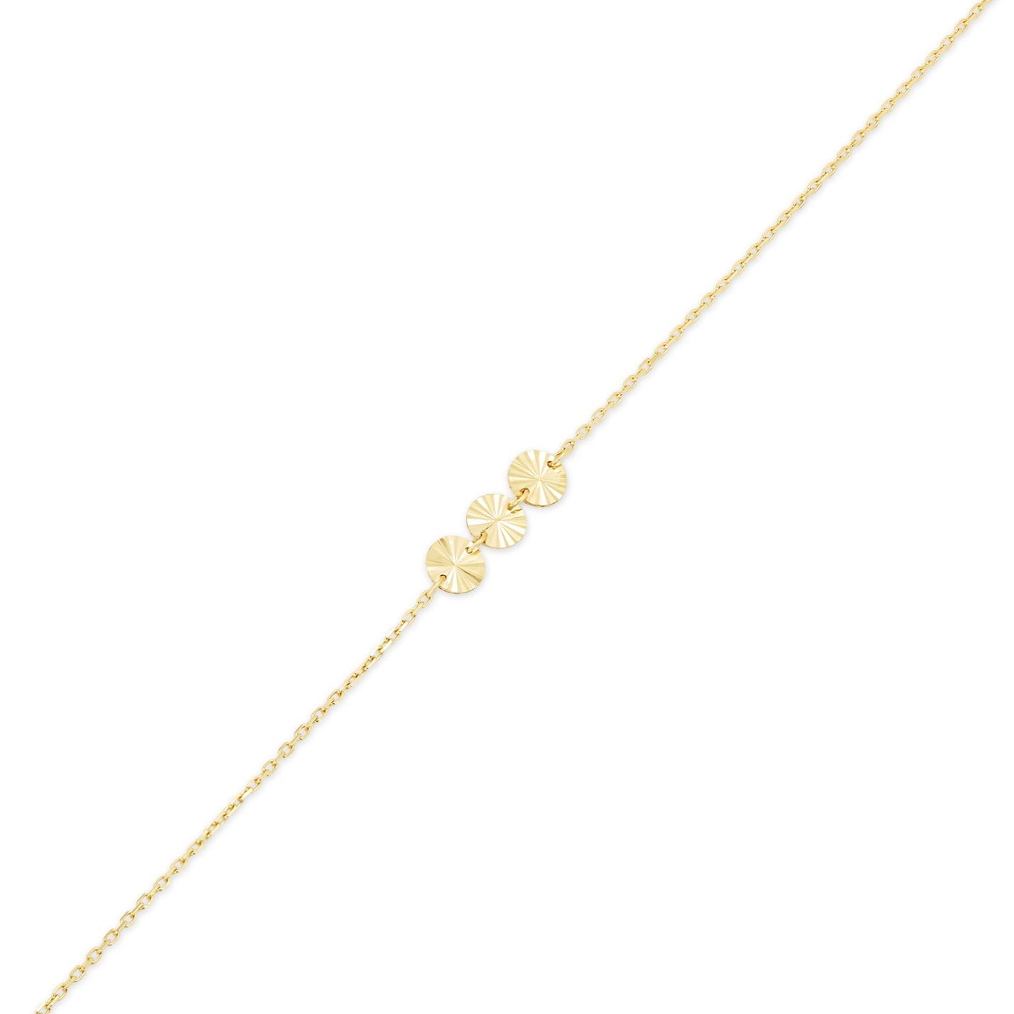 14KB0016. - 14 Karat Yellow Gold Three Diamond Cut Round Charm Adjustable Bracelet