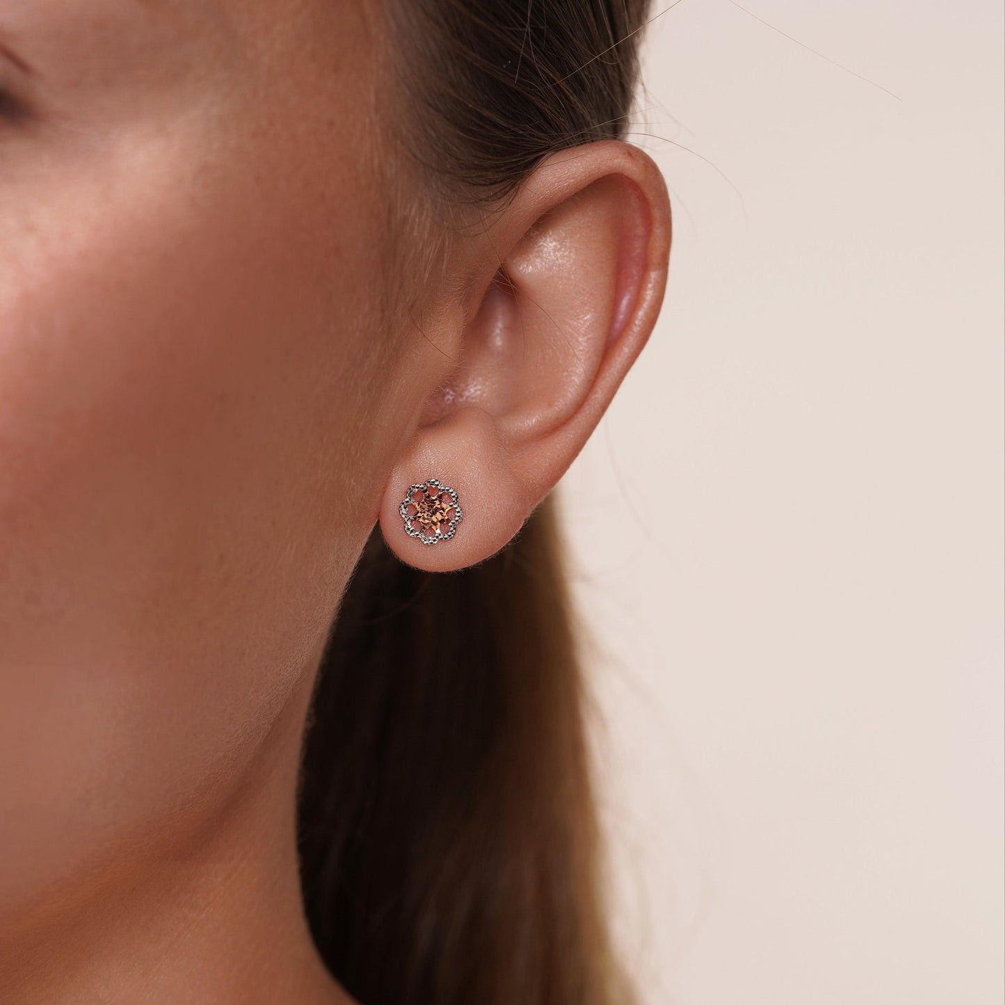 14KE0014. - 14 Karat White & Rose Beaded & Gold Diamond Cut Flower Earrings