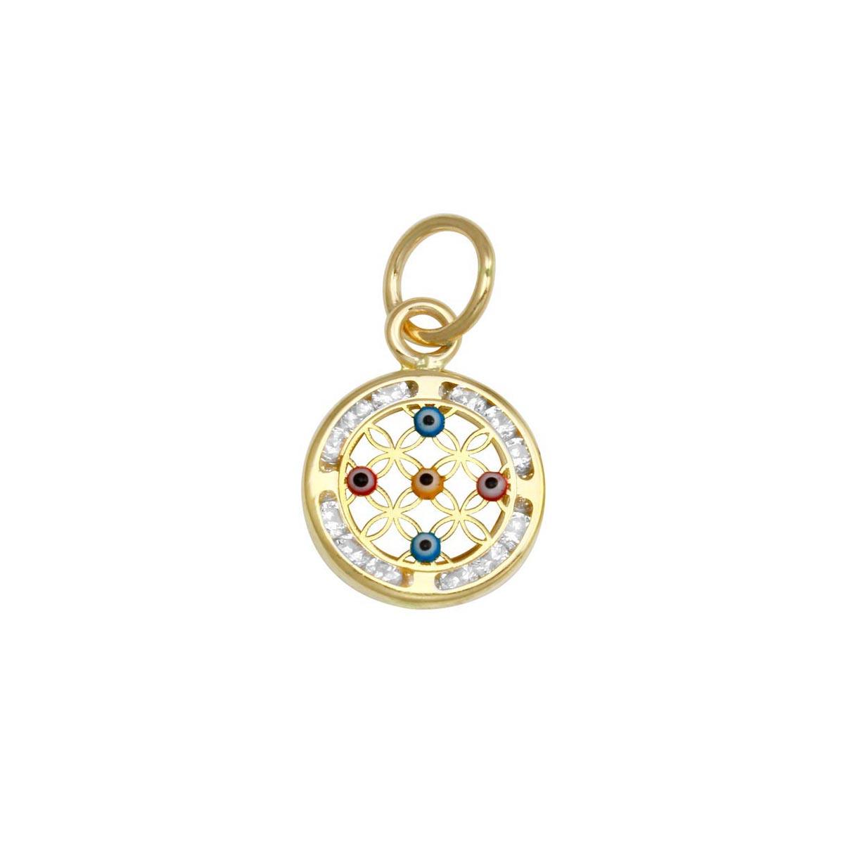14 Karat Yellow Gold CZ Disc 5 Evil Eyes Pendant | Silver Palace Inc.