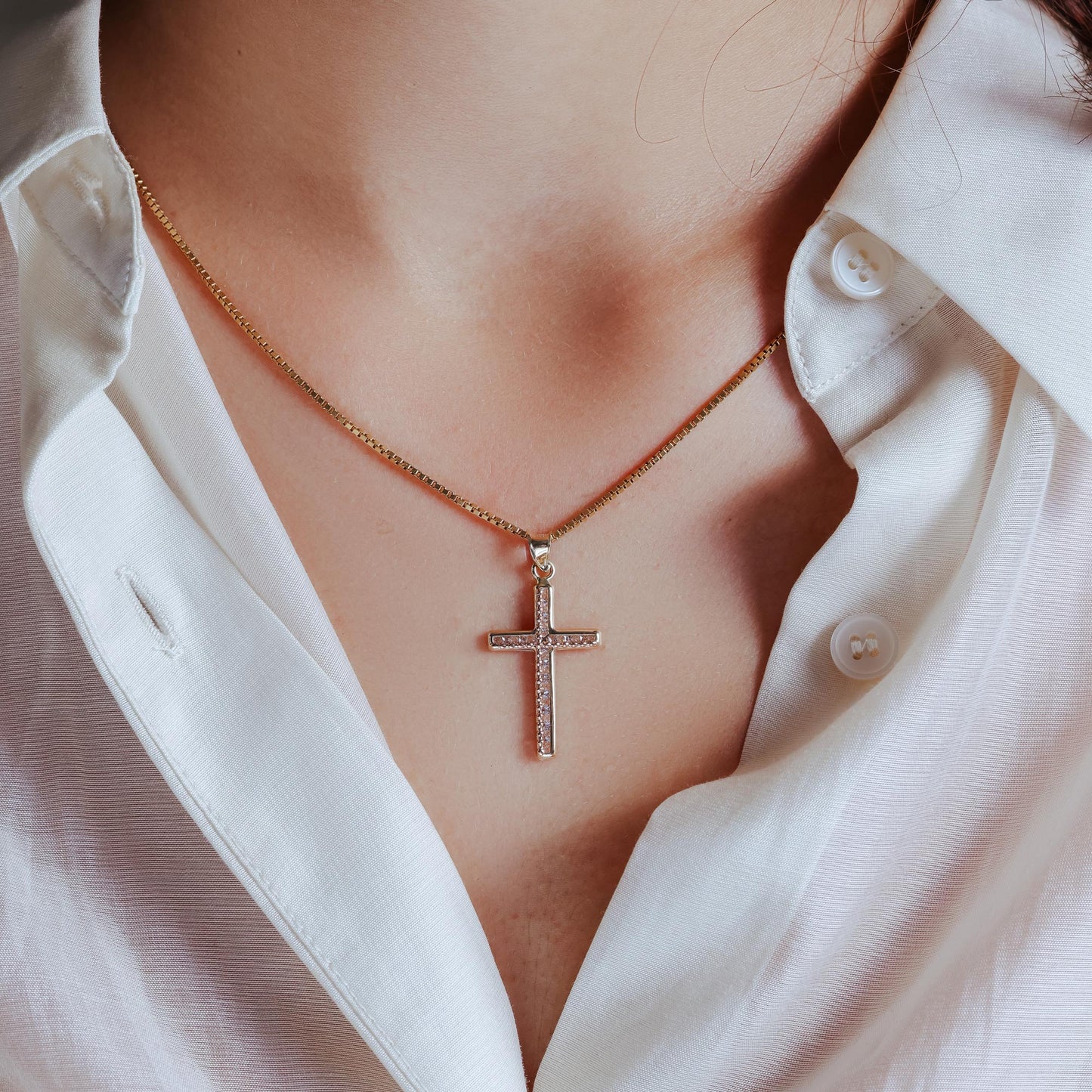 14P00052 - 14 Karat Yellow Gold Beaded Cross Clear CZ Pendant