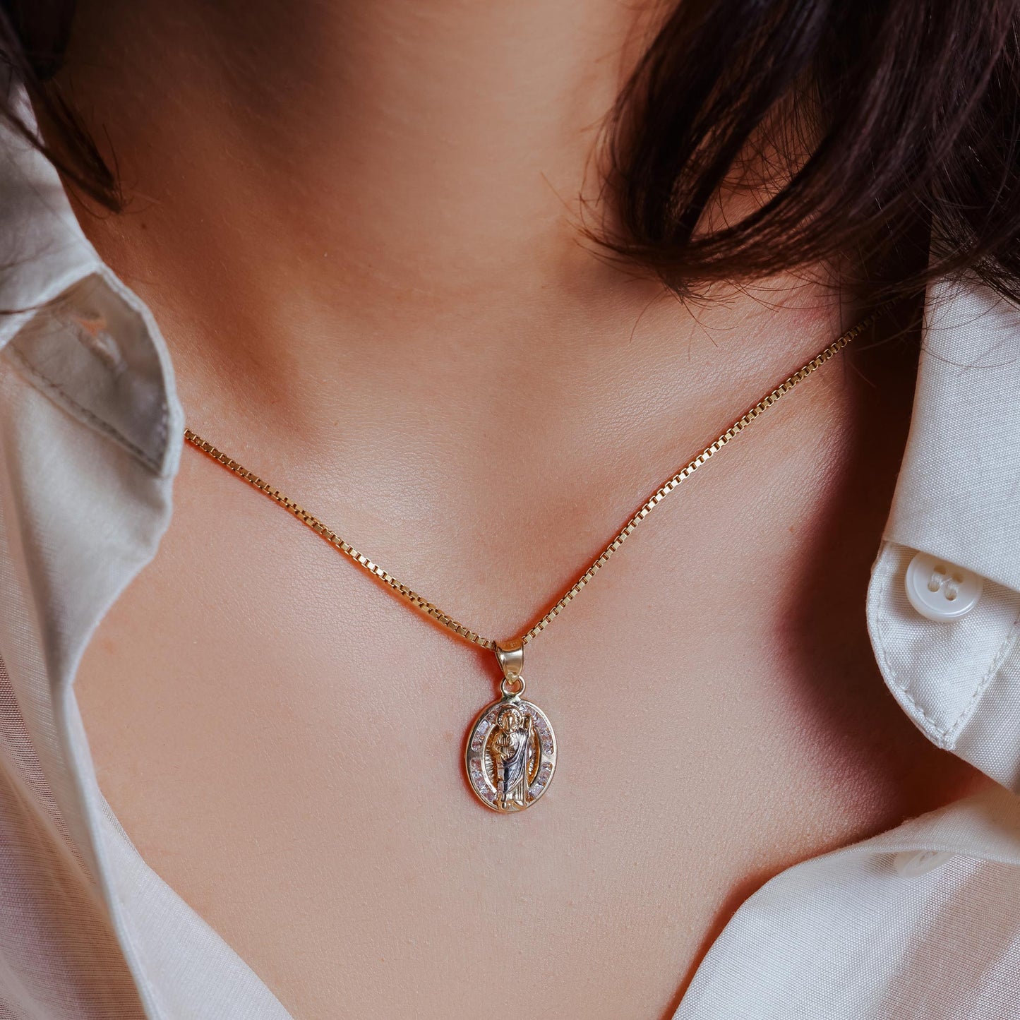 14P00059 - 14 Karat Yellow Gold St Jude Two Tone Clear CZ Pendant