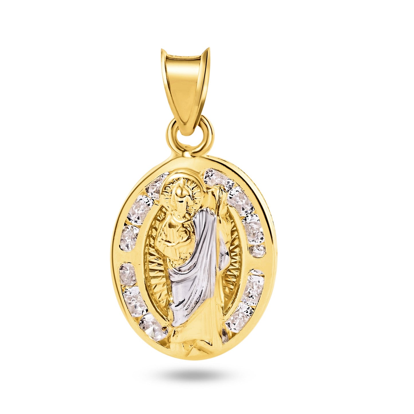 14P00059 - 14 Karat Yellow Gold St Jude Two Tone Clear CZ Pendant
