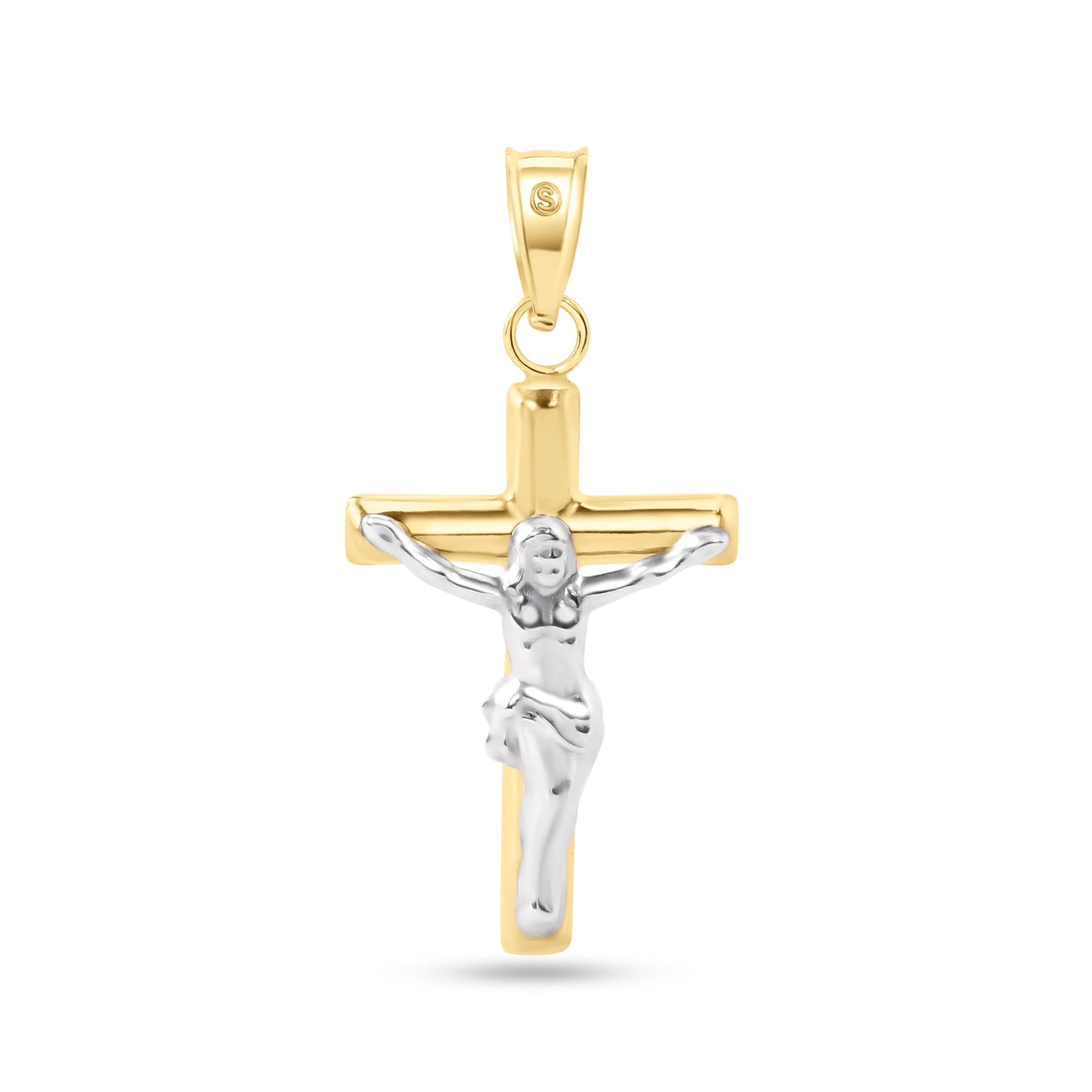 14P00084. - 14 Karat Yellow Gold 2 Sided Cross White Gold Jesus Hollow Tube Cross Pendant