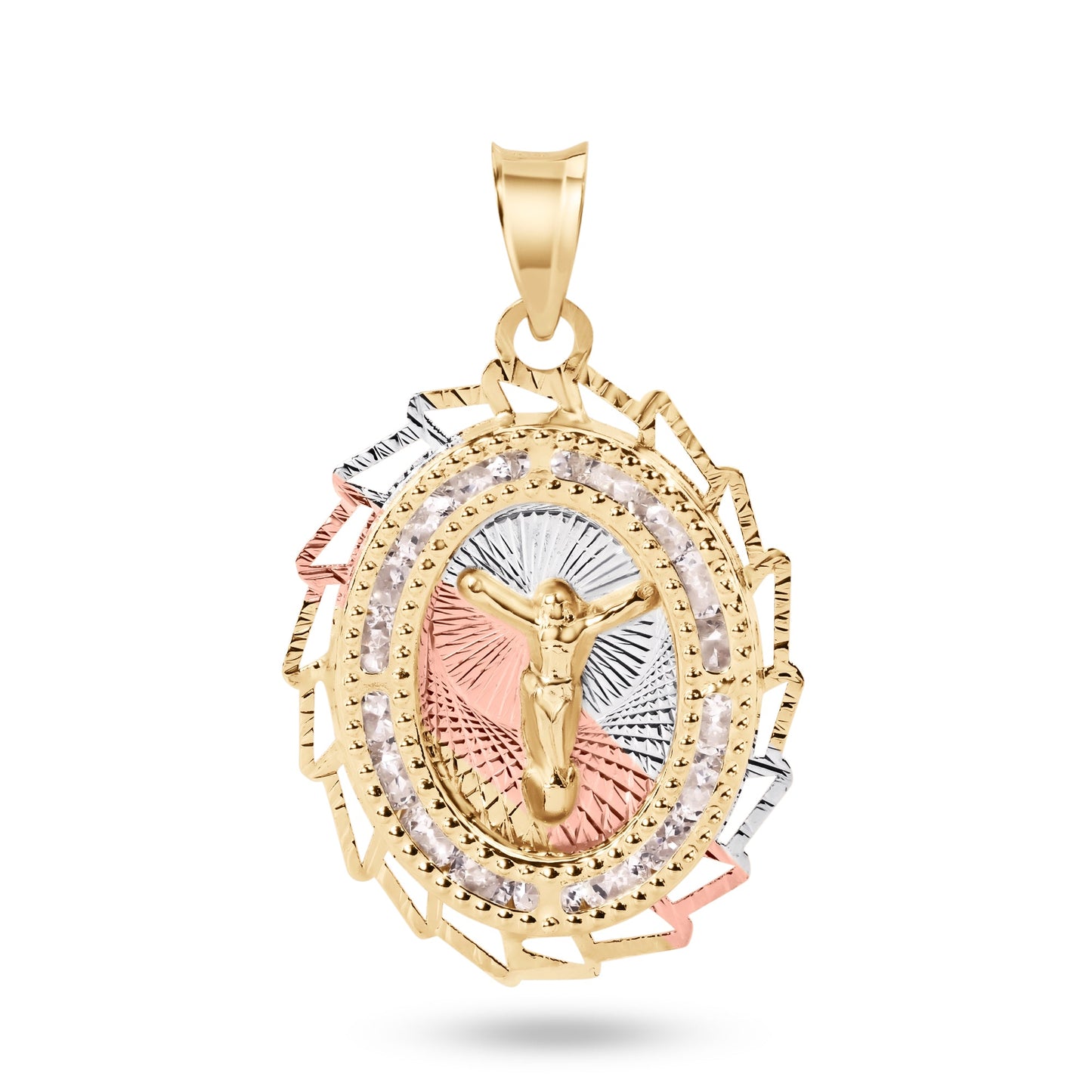 14P00097. - 14 Karat Yellow Gold 2 Tone 20mm Diamond Cut Oval Sharp Edge Bezel Jesus Christ Clear CZ Pendant