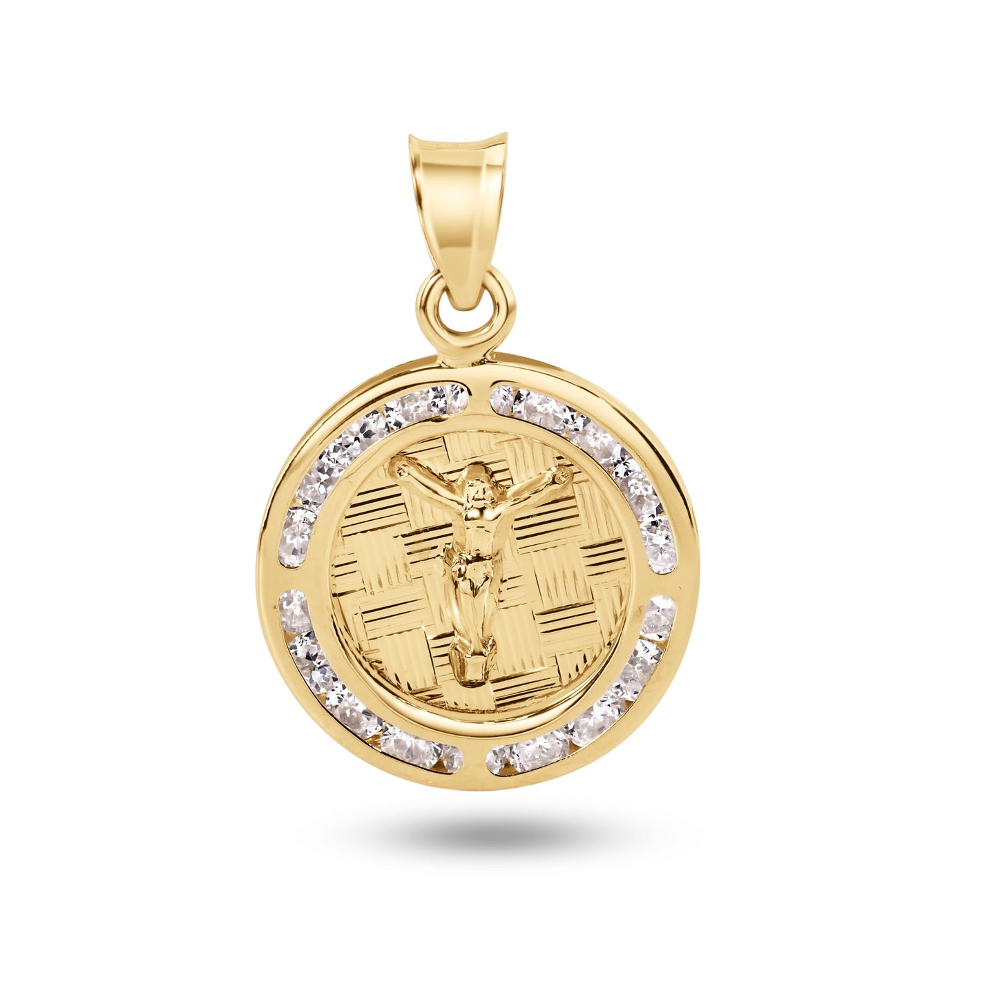 14P00099. - 14 Karat Yellow Gold 16mm Round Jesus Christ Clear CZ Pendant
