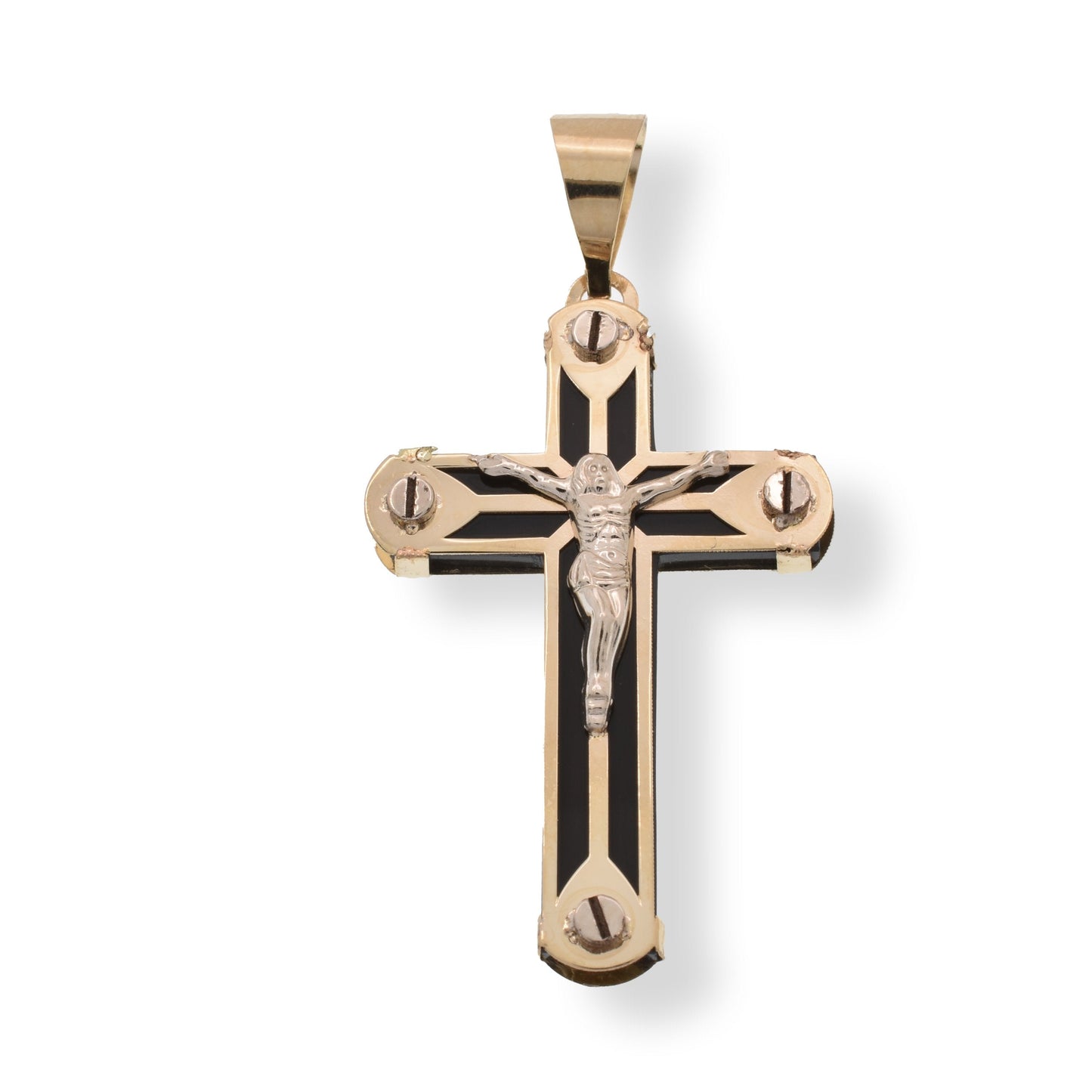 14P00170. - 14 Karat Yellow Gold Cross Jesus Christ Black Enamel 18.3mm x 30.5mm Pendant