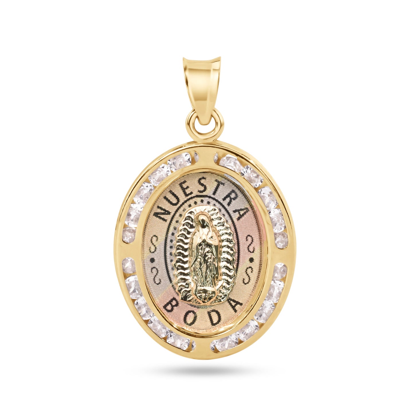 14P00178. - 14 Karat Yellow Gold Tri Color Nuestra Boda Our Lady of Guadalupe Christ CZ Pendant