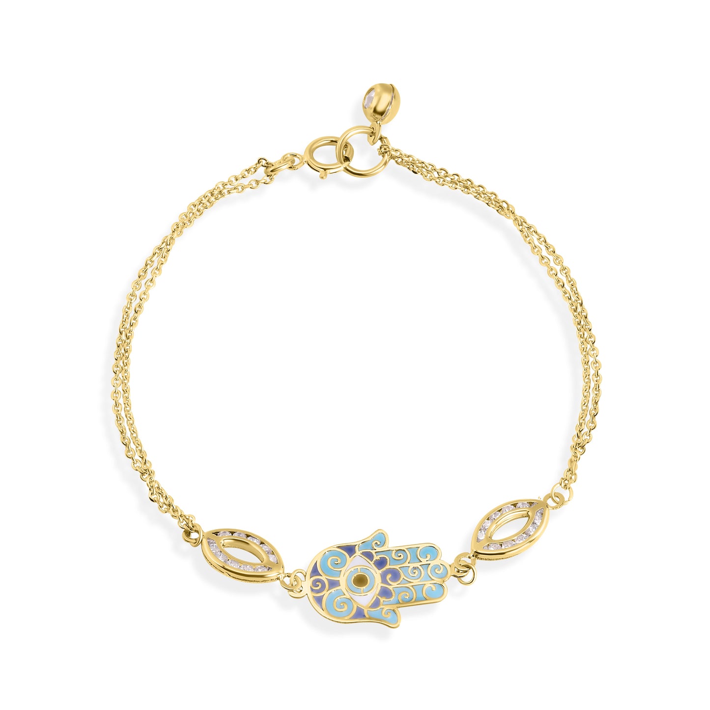 14B00001. - 14 Karat Yellow Gold Double Strand 030 Cable Enamel Hamsa Clear CZ Bracelet