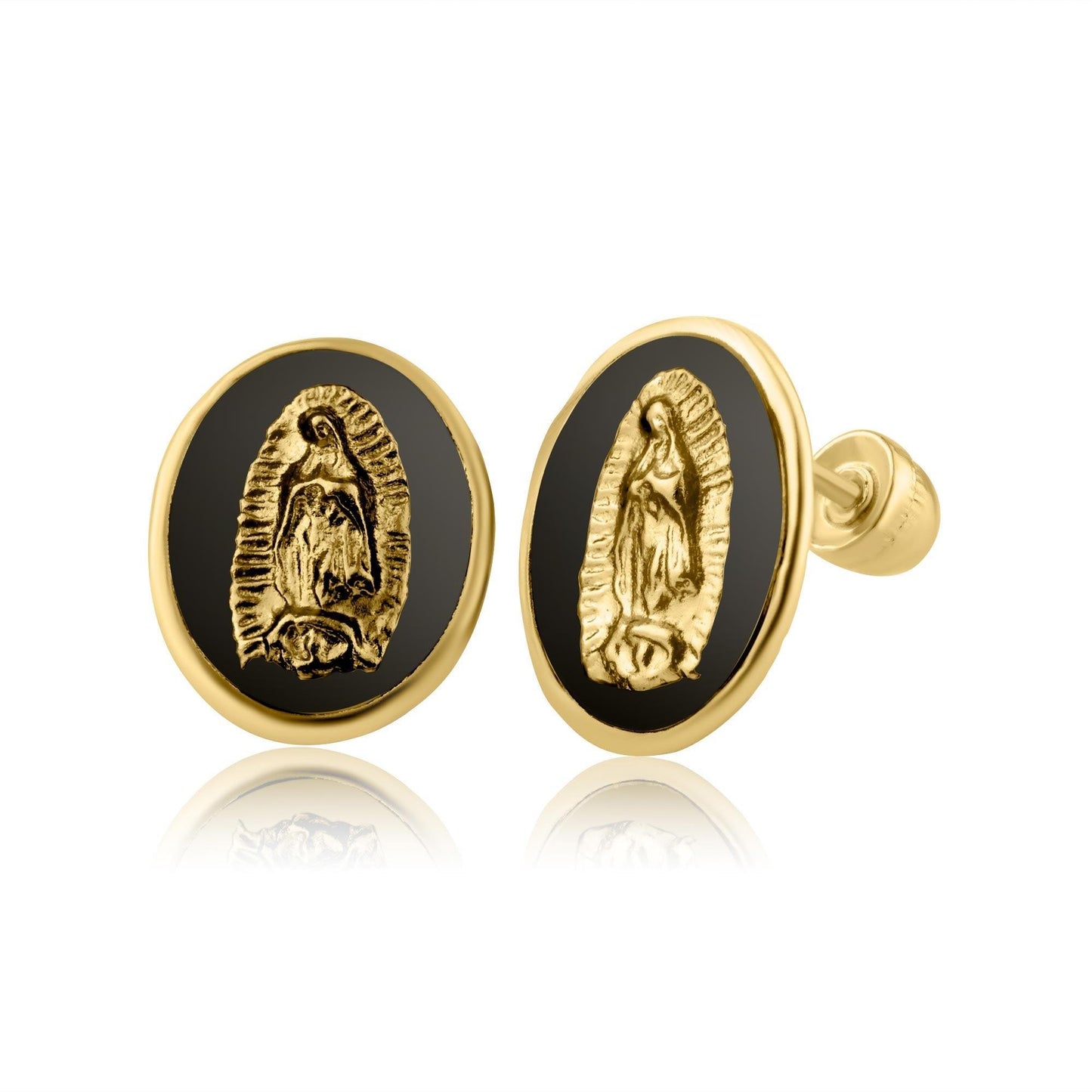 14 Karat Yellow Gold Onyx Virgin Mary Screw Back Earring | Silver Palace Inc.