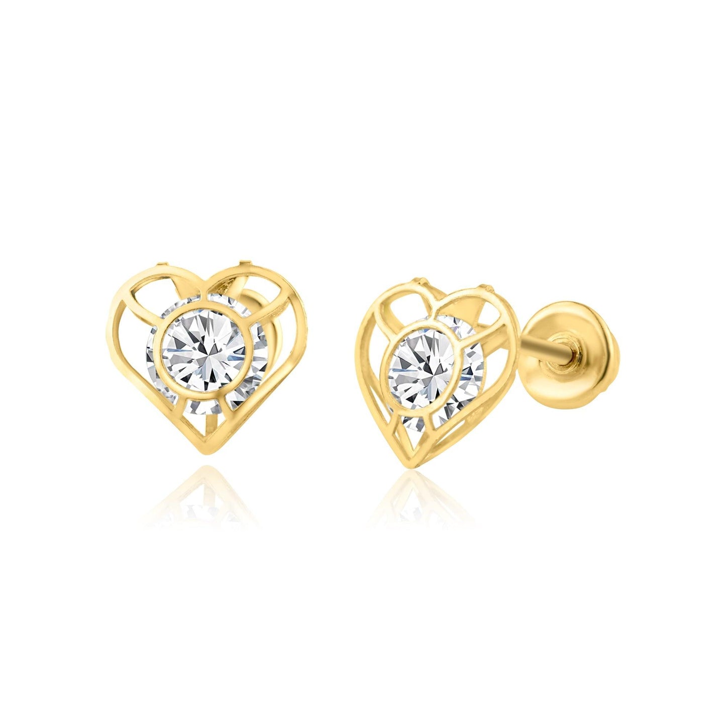 14 Karat Yellow Gold CZ Open Heart Screw Back Earring | Silver Palace Inc.
