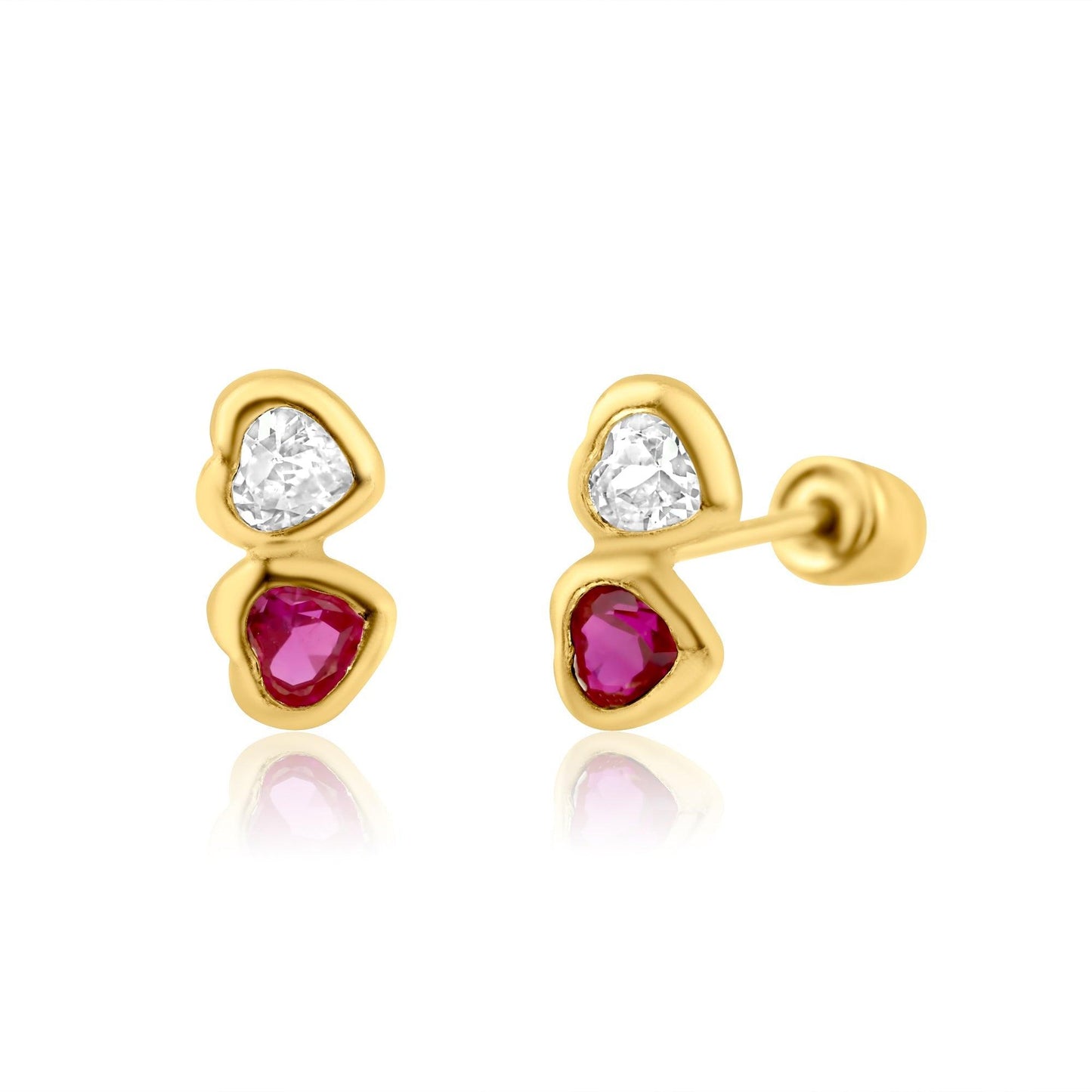 14 Karat Yellow Gold Twin Hearts Red and Clear CZ Screw Back Earring | Silver Palace Inc.