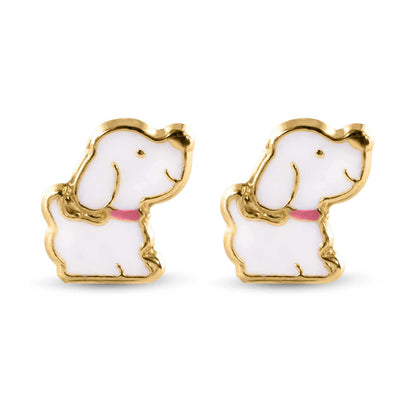 14E00433. - 14 Karat Dog White Enamel Pink Leash Screw Back Earrings