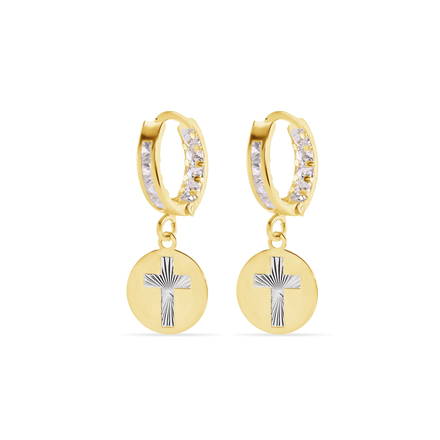 14E00454. - 14 Karat Yellow Gold 11.5mm Hoop Studded Clear CZ Diamond Cut Cross Latch Box Earrings