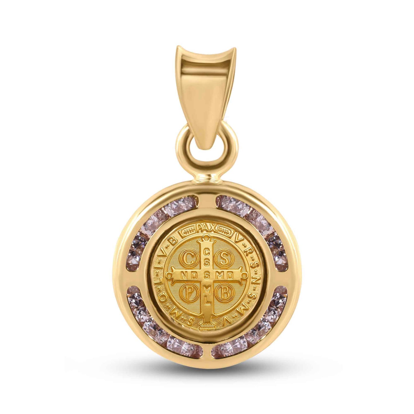 14P00107. - 14 Karat Yellow Gold 11.5mm Saint Benedict Medal Clear CZ Pendant