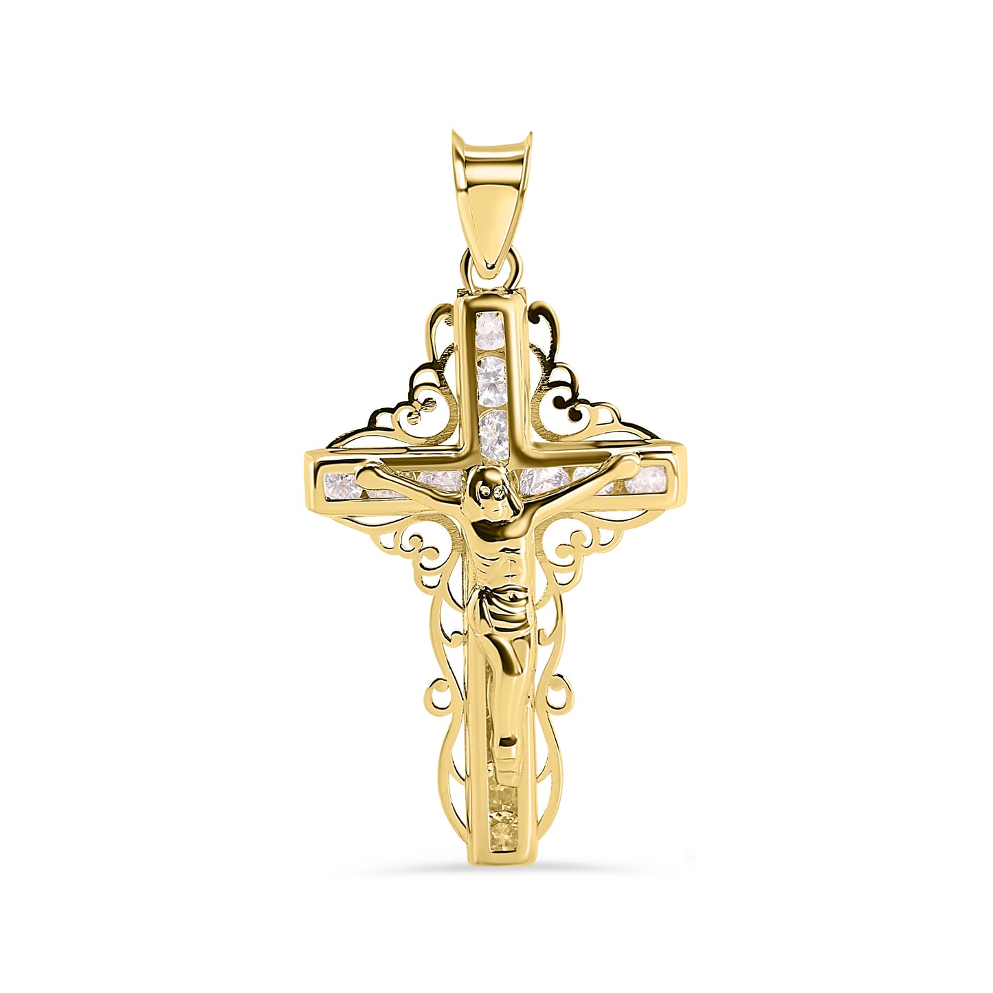 14P00145. - 14 Karat Yellow Gold Celtic Cross Jesus Christ Clear CZ Pendant