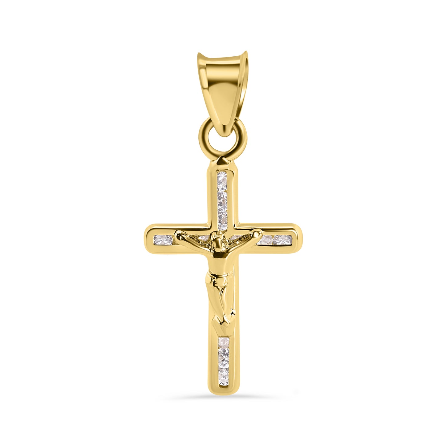 14P00147. - 14 Karat Yellow Gold Cross Jesus Christ Clear CZ Pendant