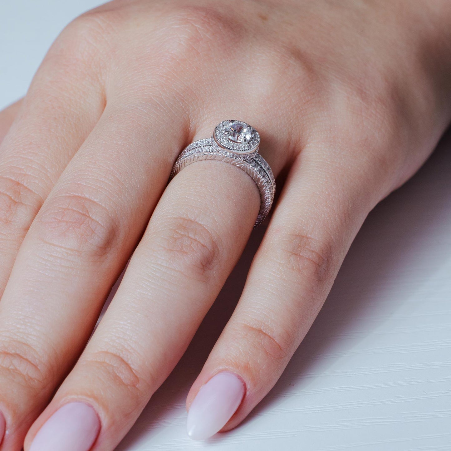 925 Sterling Silver Rhodium Plated Micro Pave CZ Engagement Ring Set - ACR00023