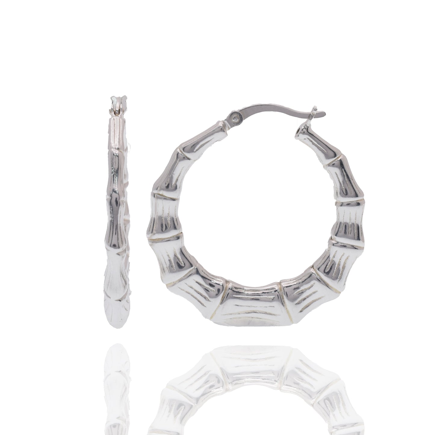 Rhodium Plated 925 Sterling Silver Bamboo Style Hoop Earring - APE00007