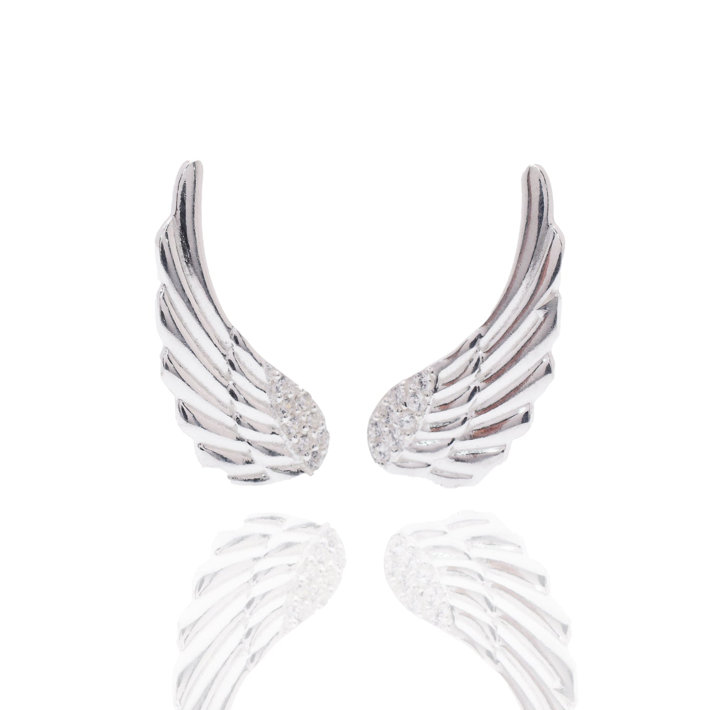 Rhodium Plated 925 Sterling Silver Angel Wings Clear CZ 7.5mm x 18.9mm Stud Earring - APE00009