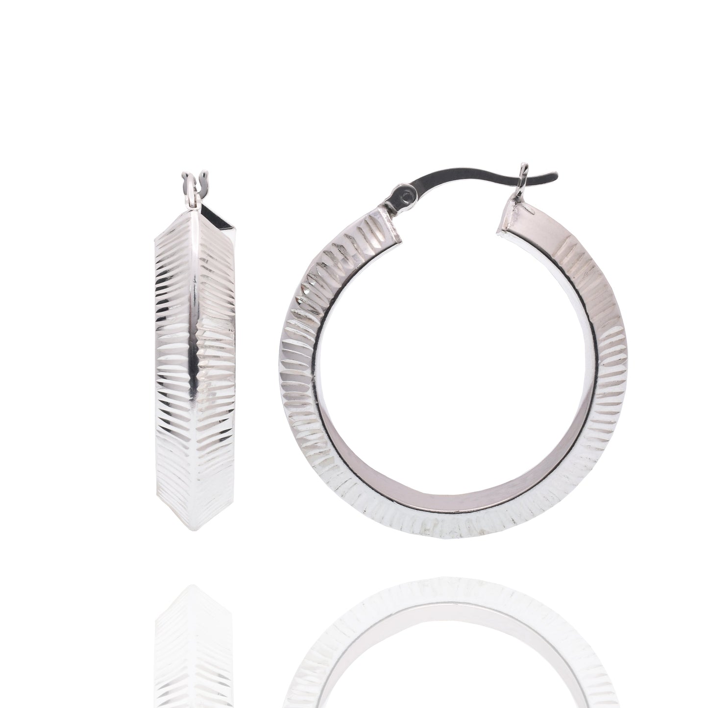 Rhodium Plated 925 Sterling Silver Textured Ribbed 23mm Hoop Earring - APE00011