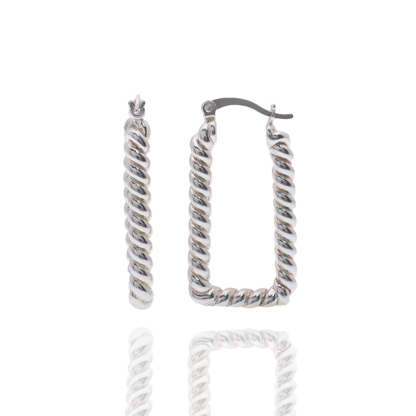 Rhodium Plated 925 Sterling Silver Rectangular Twisted Rope Hoop 17.5mm x 33mm Earring - APE00021