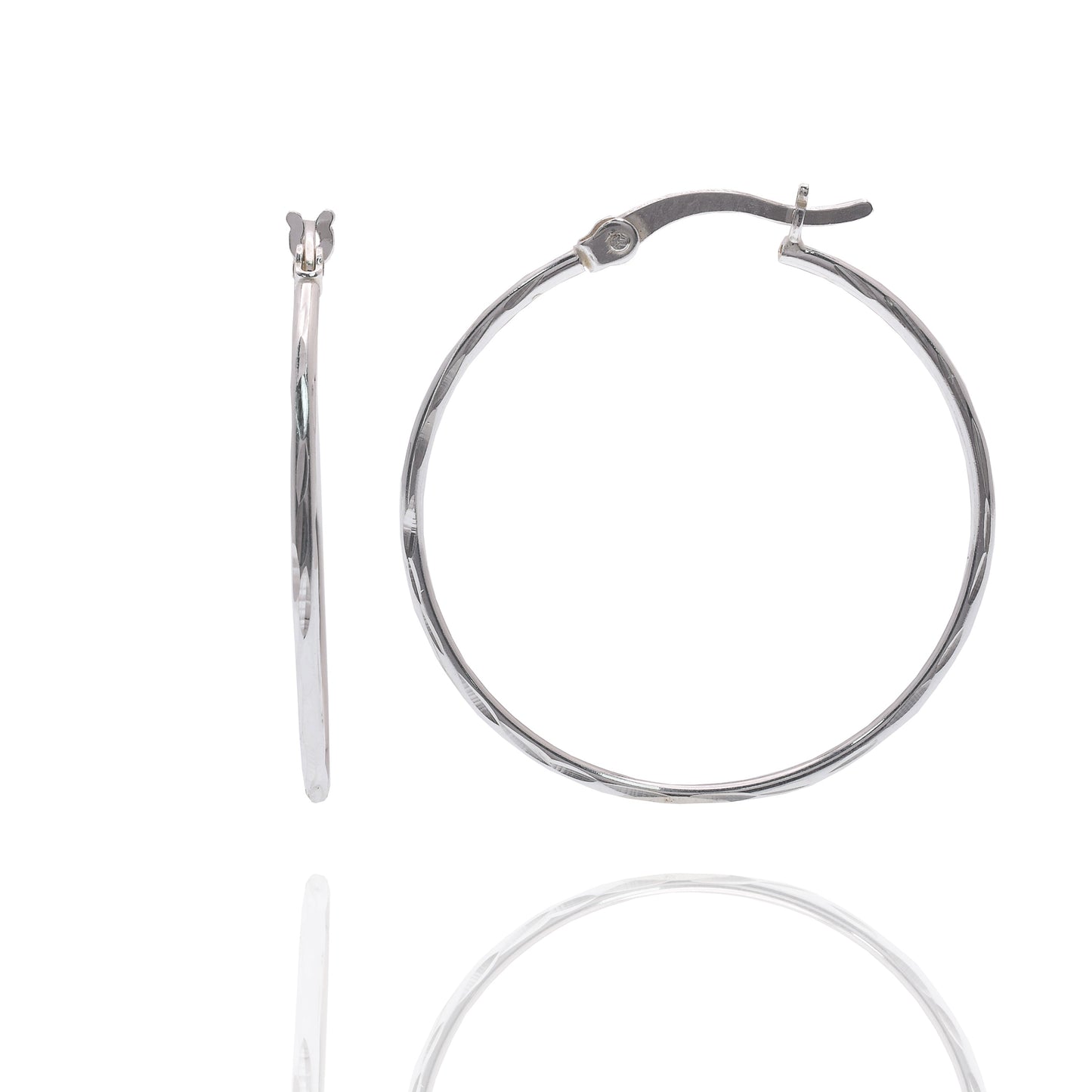 Rhodium Plated 925 Sterling Silver Diamond Cut 1.3mm Hoop Earring - APE00028