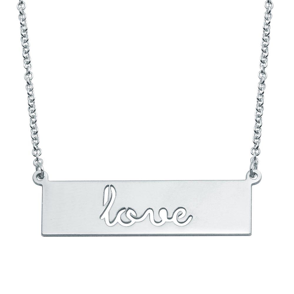 Rhodium Plated 925 Sterling Silver Love Engraved Bar Pendant Necklace - ARN00055RH | Silver Palace Inc.
