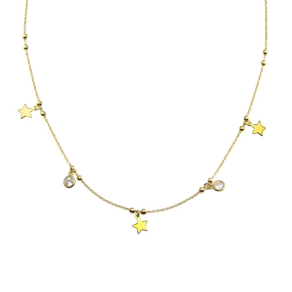 Silver 925 Gold Plated Star and Beads CZ Necklace - ARN00059GP | Silver Palace Inc.