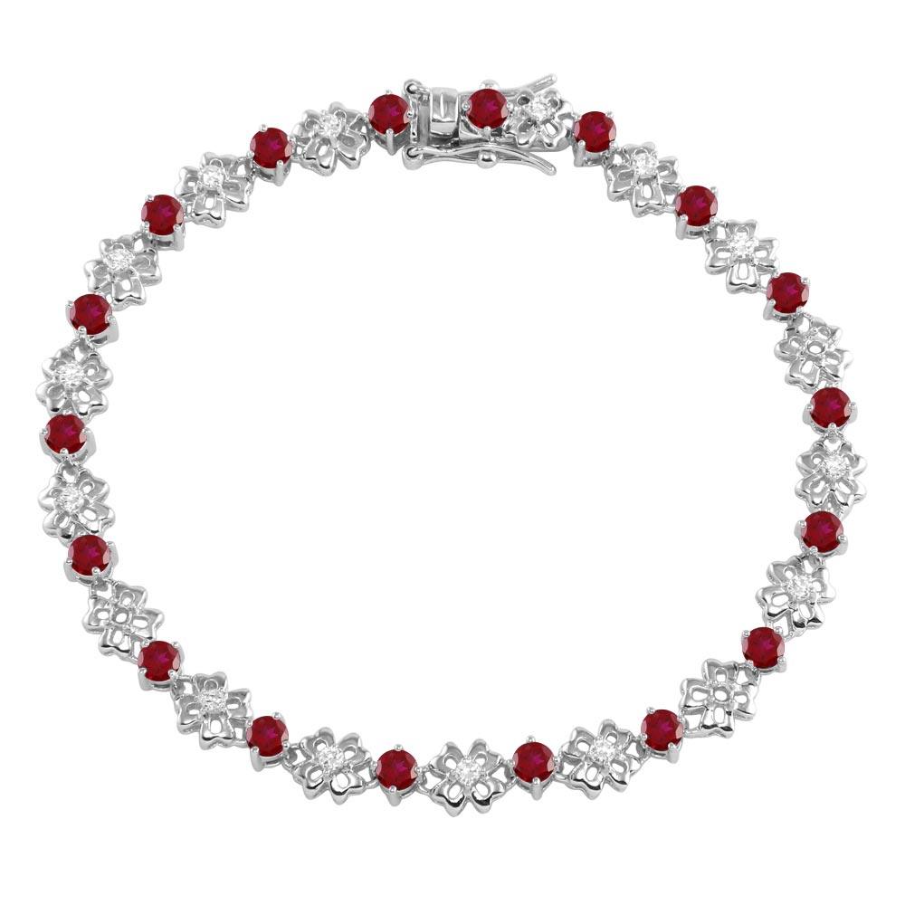 Silver 925 Rhodium Plated Flower Link Bracelet with Clear And Red CZ - BGB00304GAR | Silver Palace Inc.