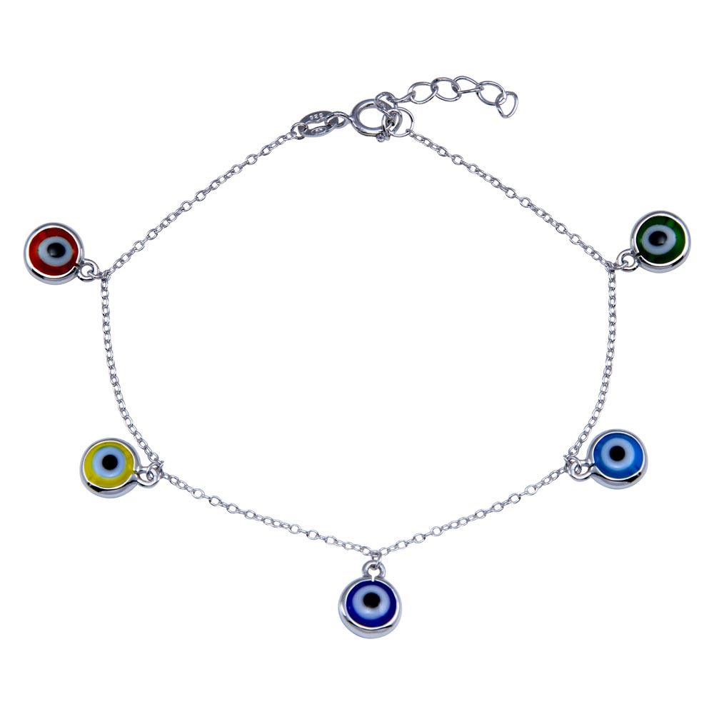 Silver 925 CZ Multicolored Dangling Evil Eye Bracelet - BGB00355 | Silver Palace Inc.
