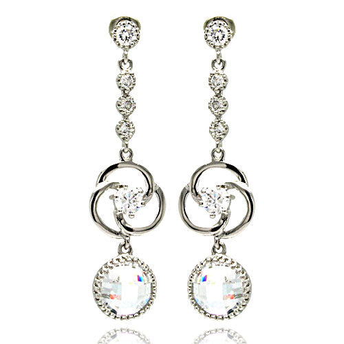 Silver 925 Rhodium Plated Spiral Design CZ Dangling Earrings - BGE00185