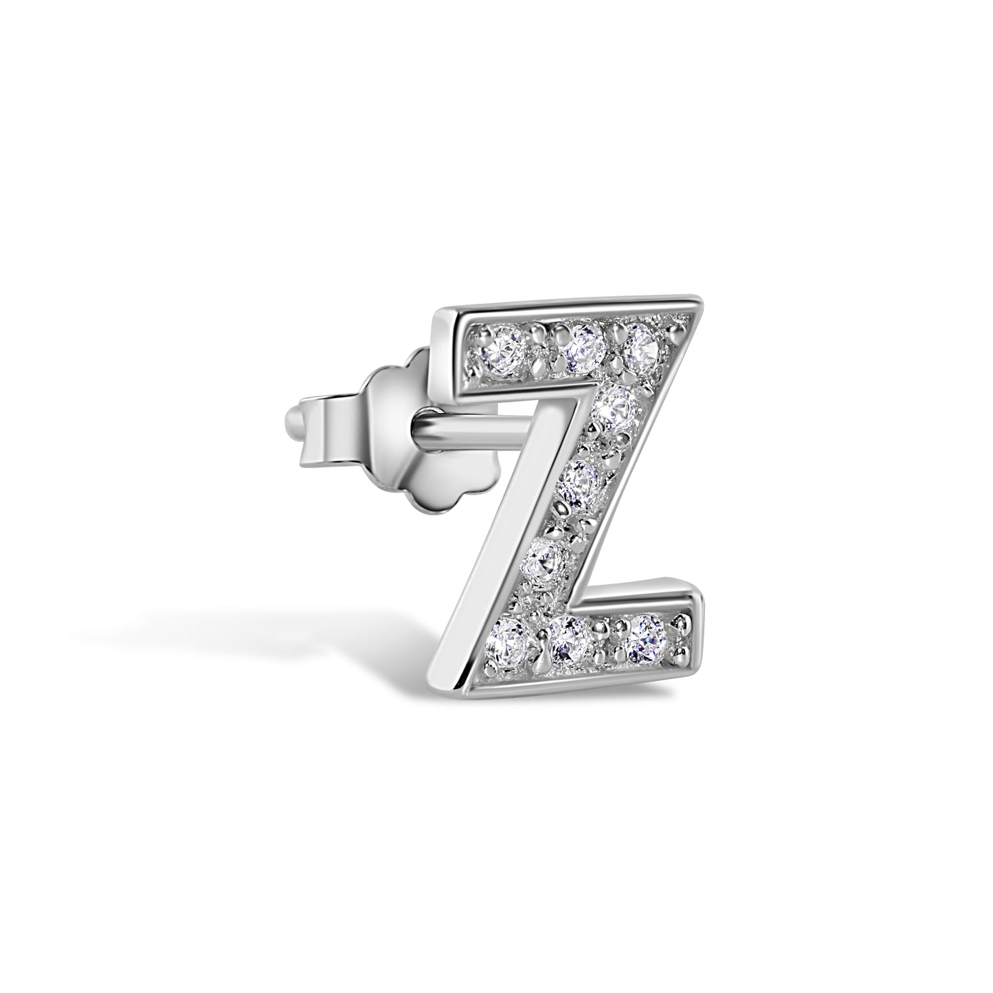 Rhodium Plated 925 Sterling Silver *SINGLE Letter Alphabet Clear CZ 8.8mm Stud Earring - BGE00387