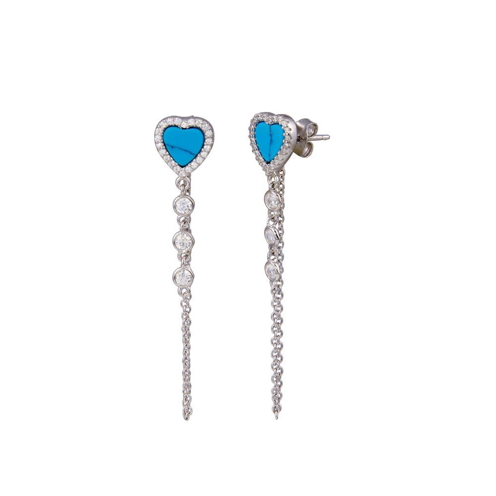 Rhodium Plated 925 Sterling Silver Dangling CZ Turquoise Heart Dangling Earrings - BGE00720 | Silver Palace Inc.