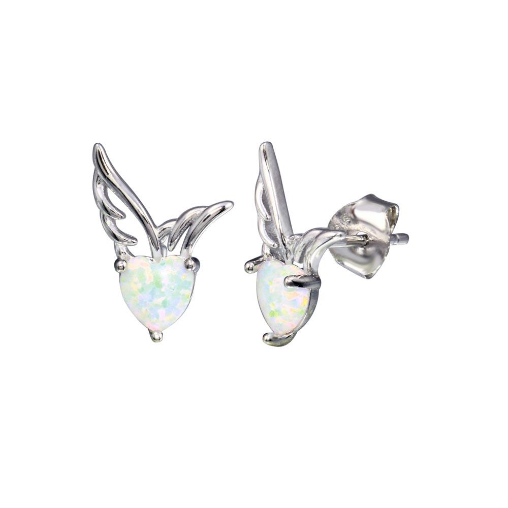 Rhodium Plated 925 Sterling Silver CZ Heart Wings Opal Earrings - BGE00721 | Silver Palace Inc.