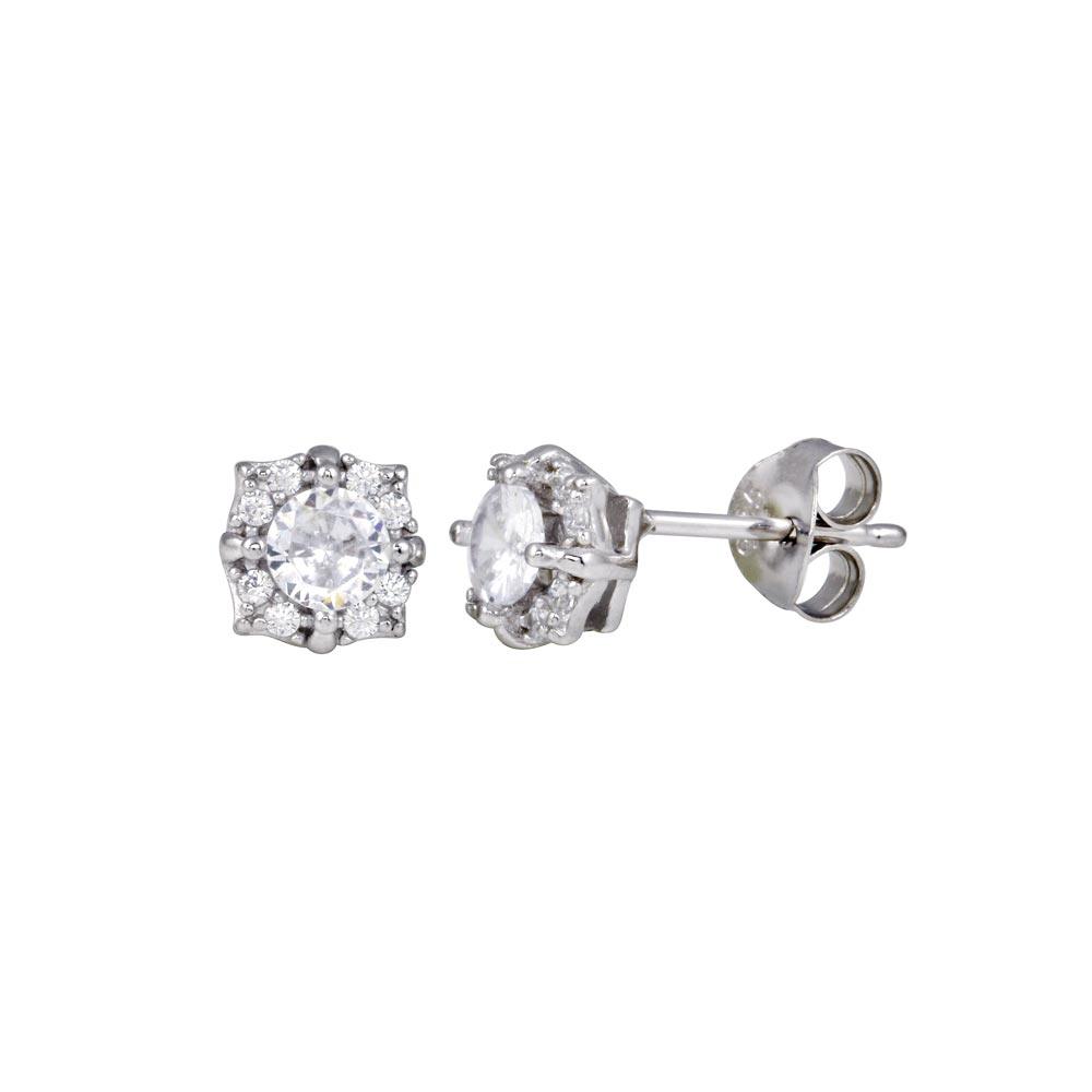 Rhodium Plated 925 Sterling Silver CZ Flower Earrings - BGE00723 | Silver Palace Inc.