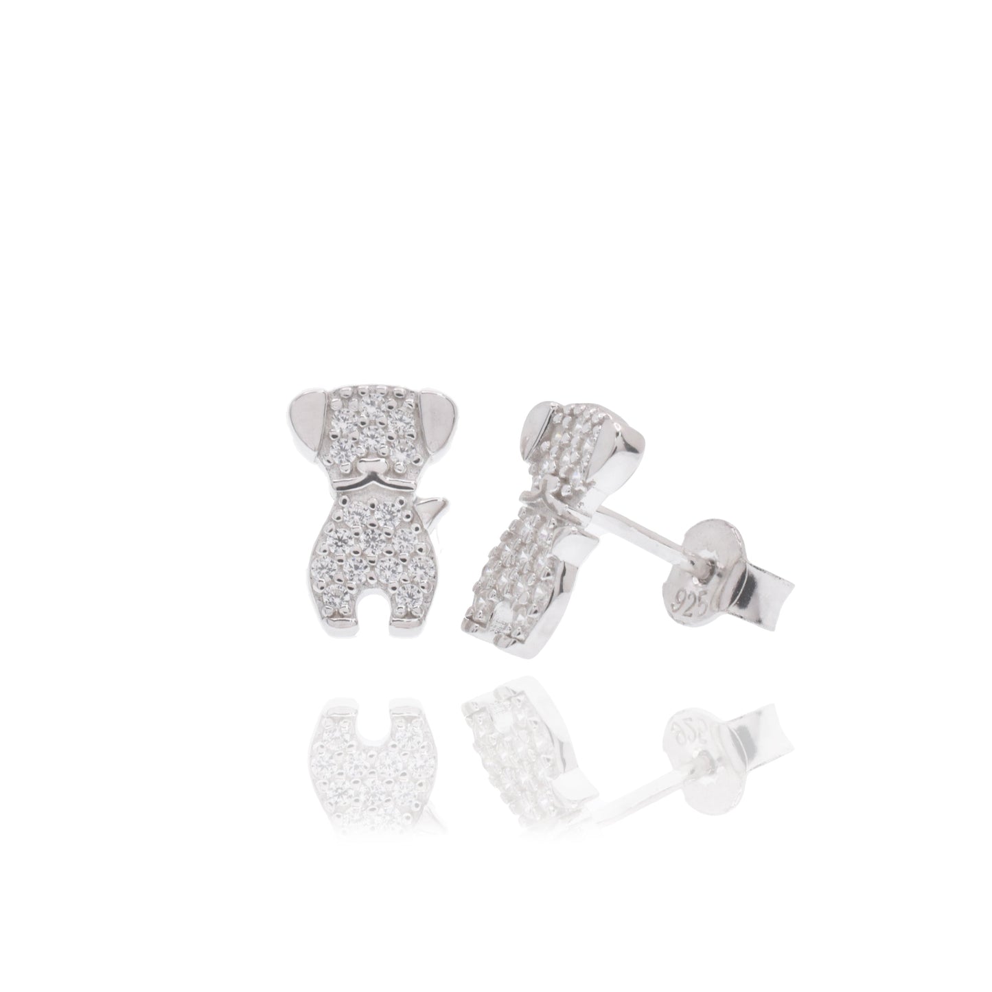 Rhodium Plated 925 Sterling Silver Dog Studded Clear CZ 6.7mm x 10mm Stud Earrings - BGE00753