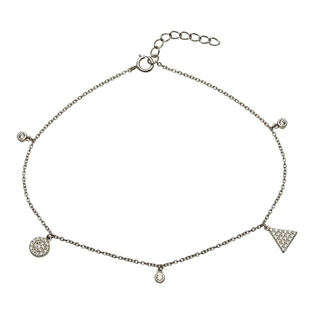 Silver 925 Rhodium Plated Circle and Triangle Charm Anklet with CZ - BGF00022 | Silver Palace Inc.