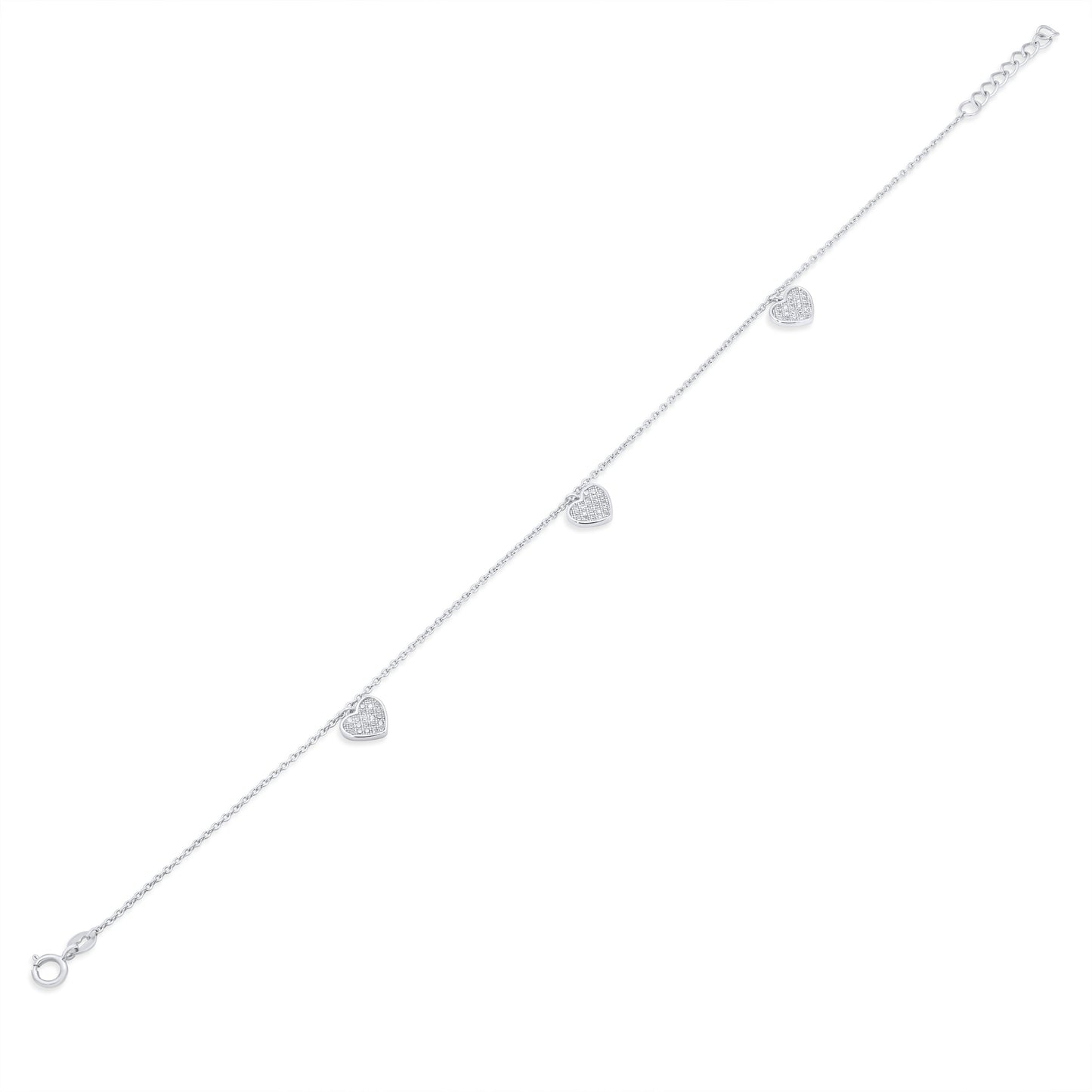 Rhodium Plated 925 Sterling Silver Dangling Triple Heart CZ Anklet- BGF00030