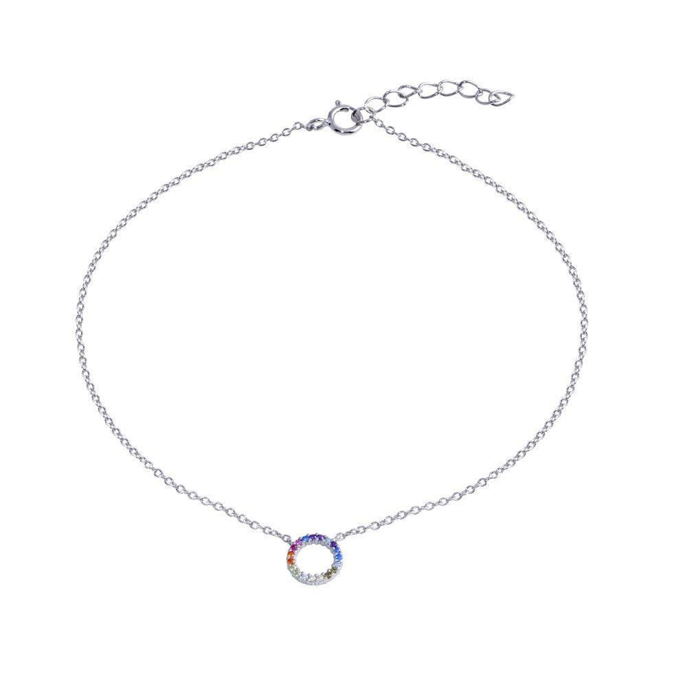Rhodium Plated 925 Sterling Silver Round Charm Multicolor CZ Anklet - BGF00037 | Silver Palace Inc.