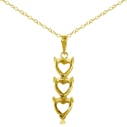 Gold Plated 925 Sterling Silver Personalized 3 Heart Drop Mounting Necklace - BGP00780GP