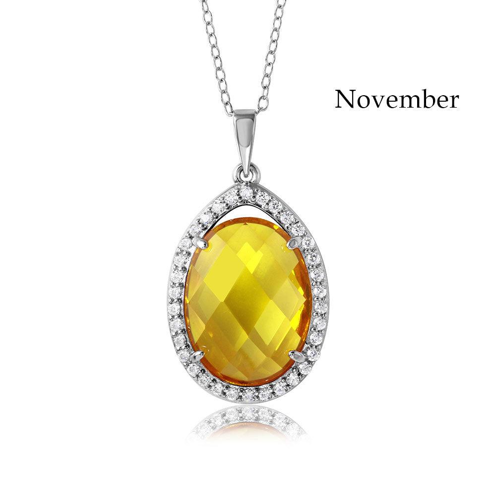 Rhodium Plated 925 Sterling Silver Oval CZ November Birthstone Necklace - BGP01034NOV | Silver Palace Inc.