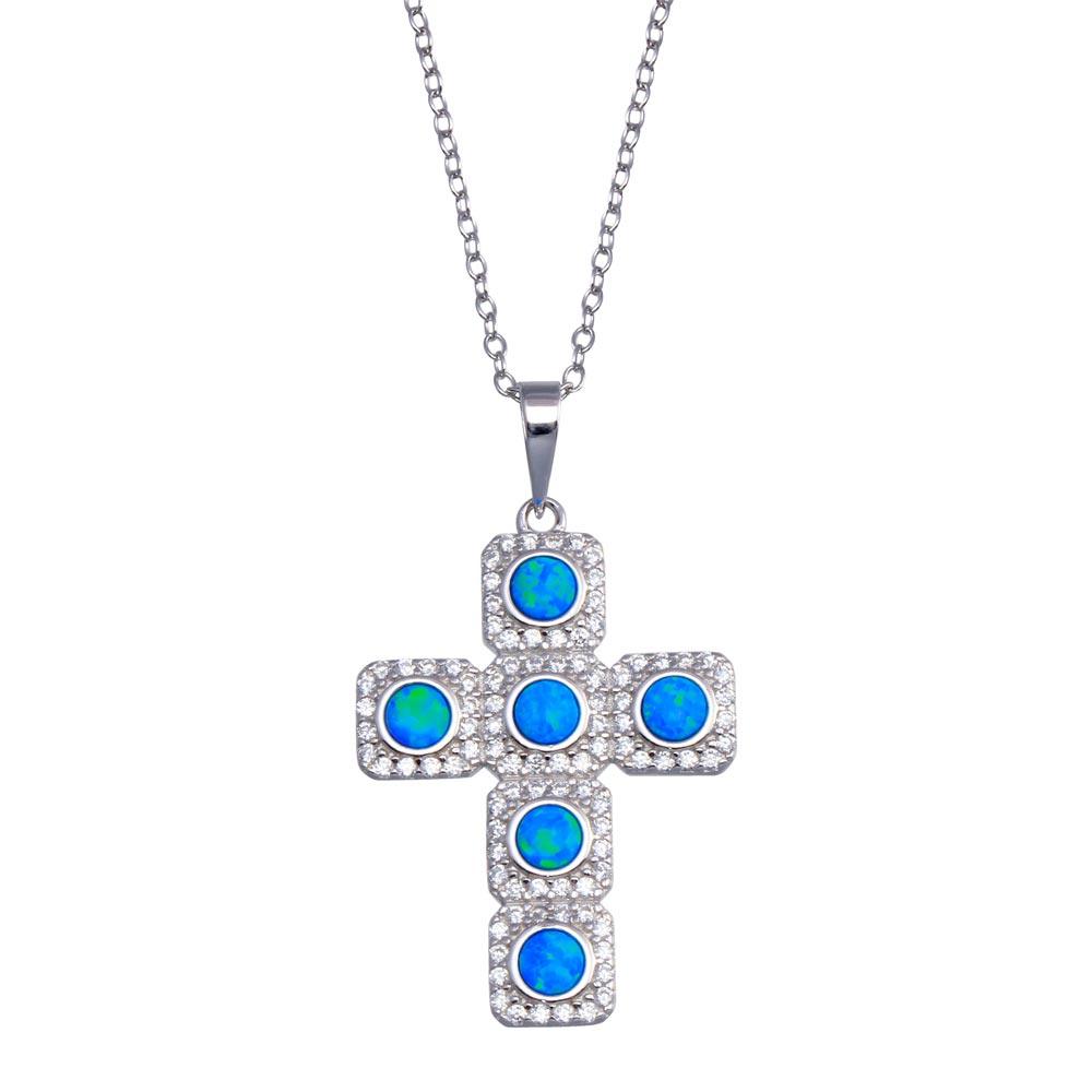 Silver 925 Rhodium Plated Cross Blue and Clear CZ Necklace - BGP01386 | Silver Palace Inc.