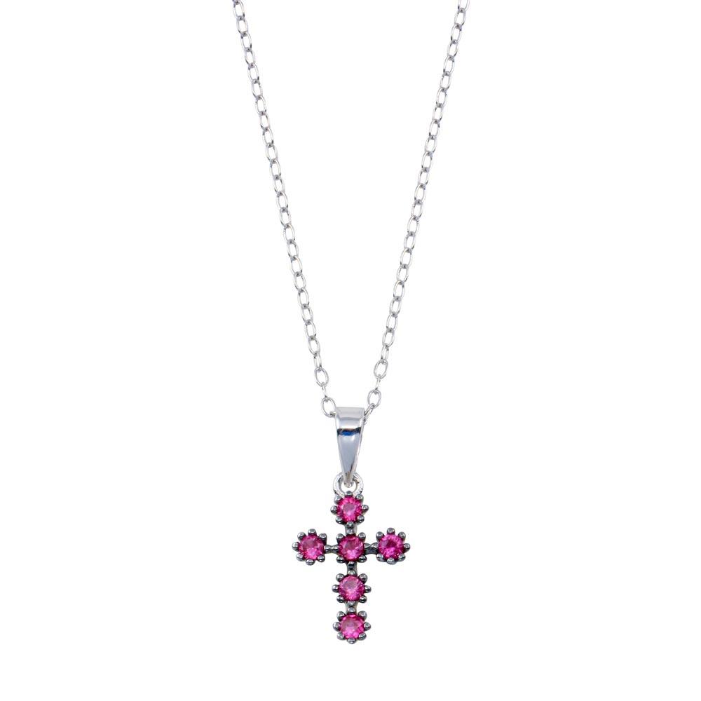 Rhodium Plated 925 Sterling Silver Cross Pink CZ Necklace - BGP01393 | Silver Palace Inc.
