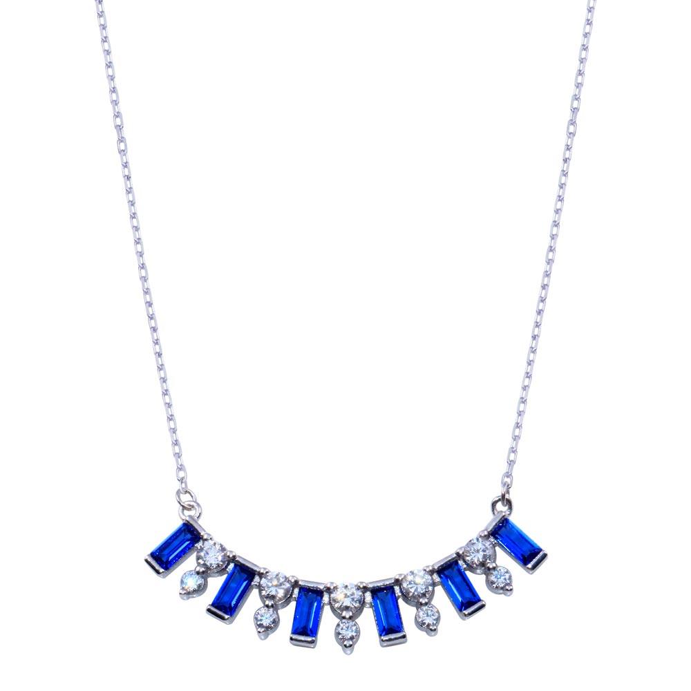Rhodium Plated 925 Sterling Silver Clear and Blue CZ Necklace - BGP01395 | Silver Palace Inc.