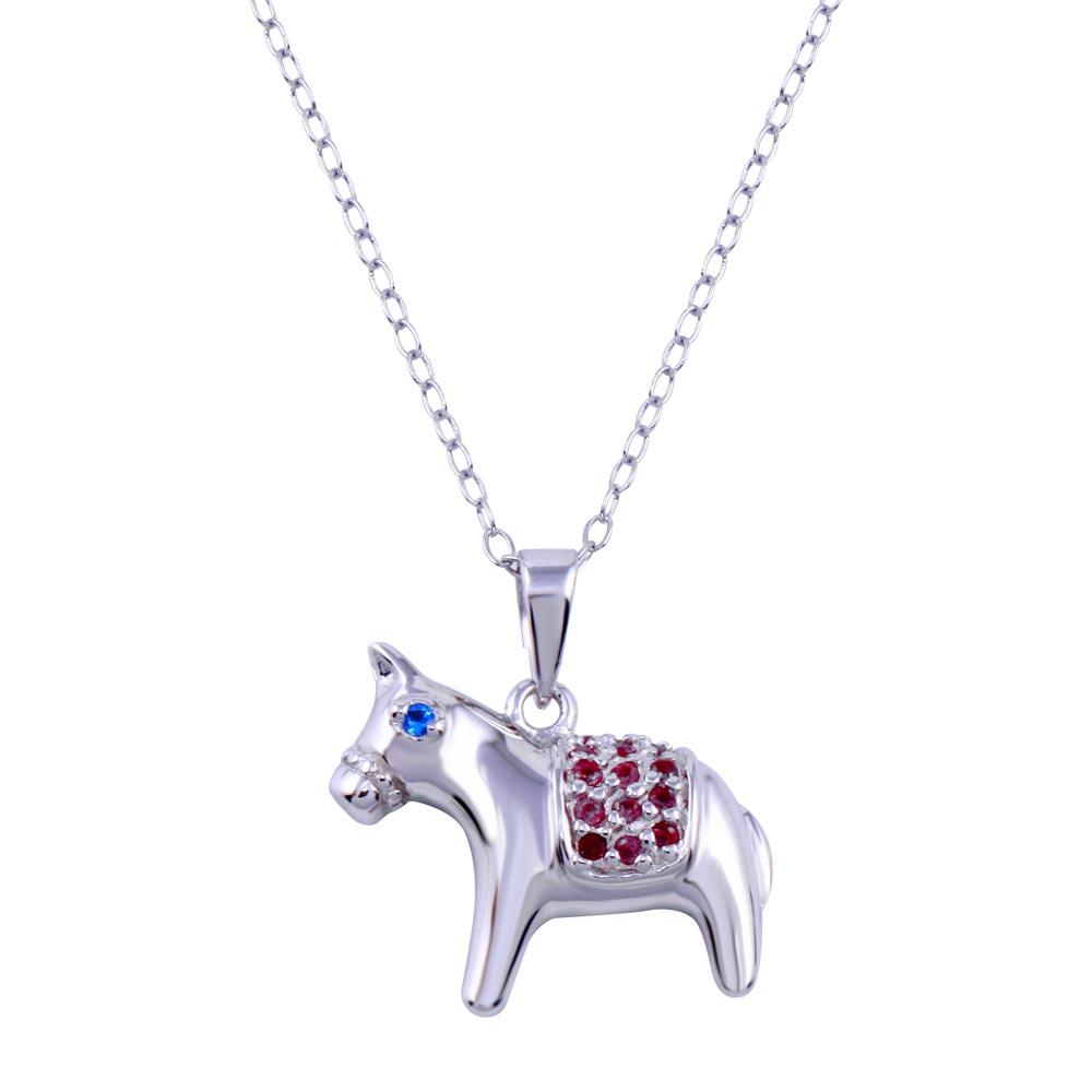 Rhodium Plated 925 Sterling Silver Donkey Red and Blue CZ Necklace - BGP01417 | Silver Palace Inc.