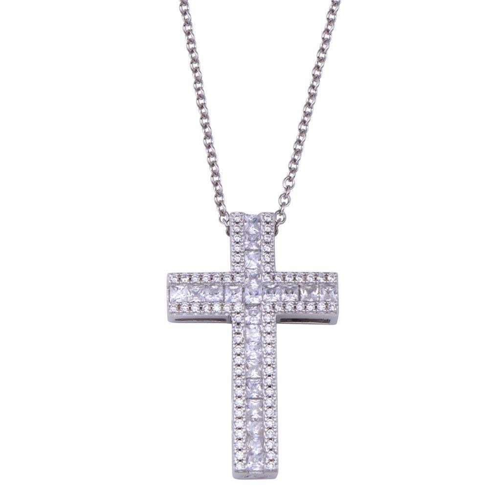 Rhodium Plated 925 Sterling Silver Cross CZ Necklace - BGP01432 | Silver Palace Inc.