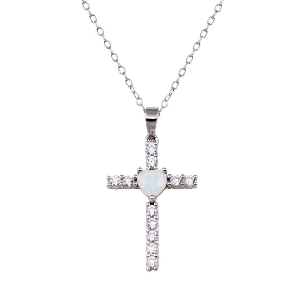 Rhodium Plated 925 Sterling Silver Cross Heart Opal Clear CZ Necklace - BGP01438 | Silver Palace Inc.