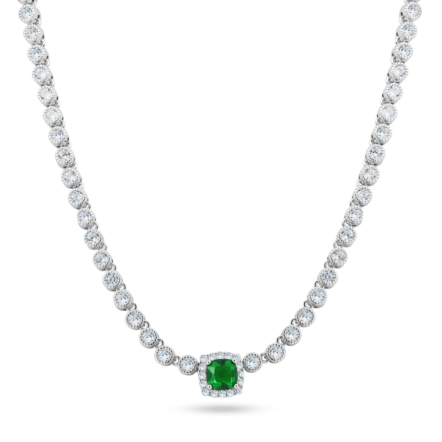 Rhodium Plated 925 Sterling Silver Bubble Tennis CZ Green Center Stone Necklace - BGP01469 | Silver Palace Inc.