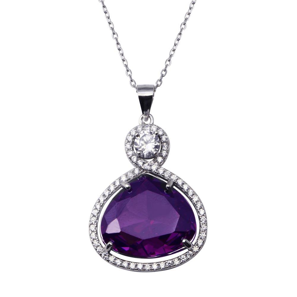 Rhodium Plated 925 Sterling Silver Wide Teardrop Amethyst Clear CZ Adjustable Necklace - BGP01447 | Silver Palace Inc.